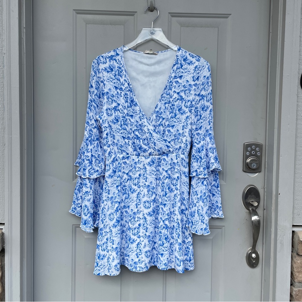 altar’d state blue white boho long sleeve deep plunge ruffled mini dress small
